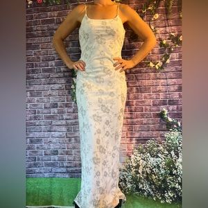 Elegant White Floral Slip Dress with Delicate Silver Embroidery
